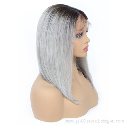 Yeswigs Ombre Bob Swiss Lace 1b-grey Human Hair Frontal Wig Straight Virgin Hair Cuticle Aligned Brazilian Wig Remy Hair Ombre